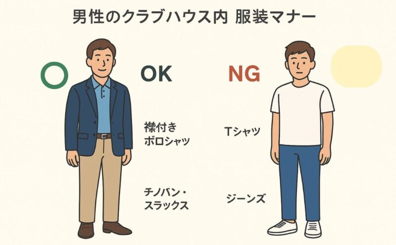 男性のクラブハウスでの服装。