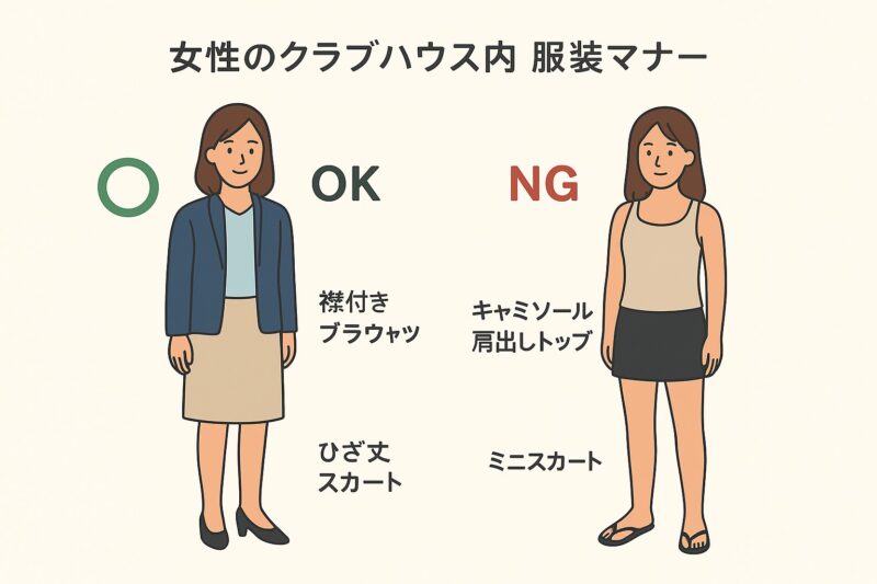 女性のクラブハウスでの服装。