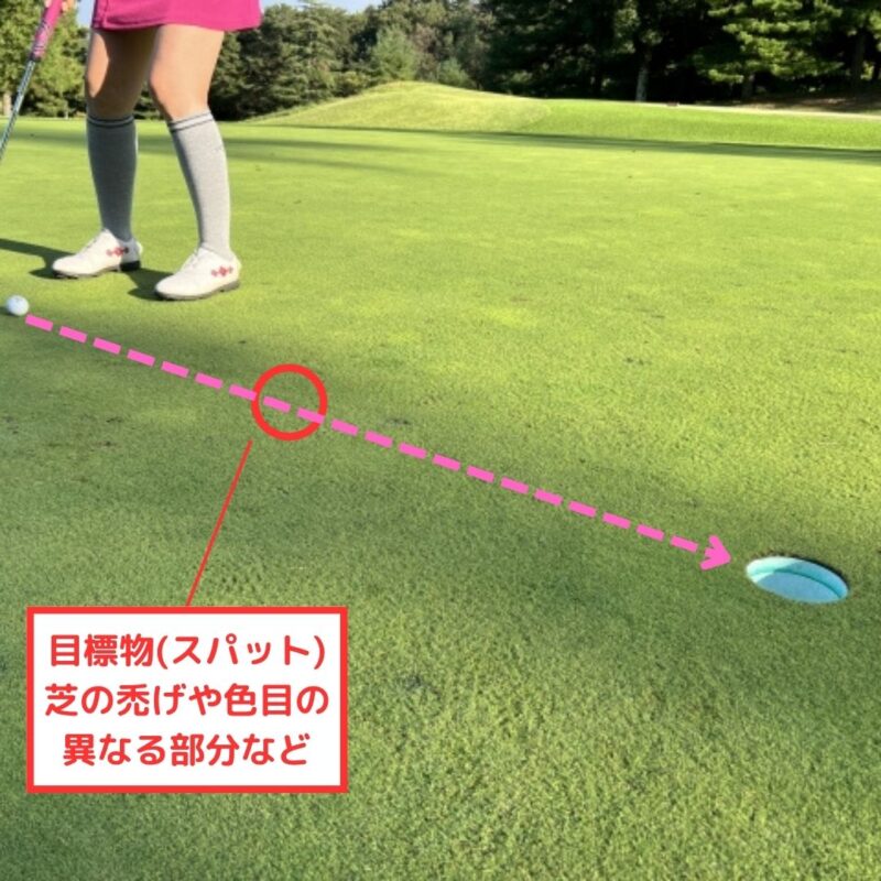 スパットを確認してパターを打つ。